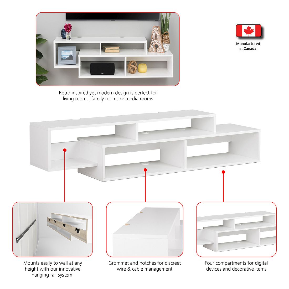 Prepac Modern White Wall Mounted Media Console and Storage Shelf WCAW